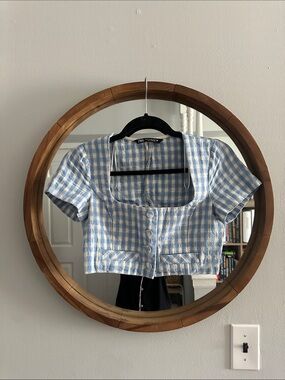 Zara Light Blue & White Gingham Short-Sleeve Cropped Top